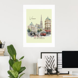 Póster Vintage Watercolor Vienna Austria Tram & Cathedral