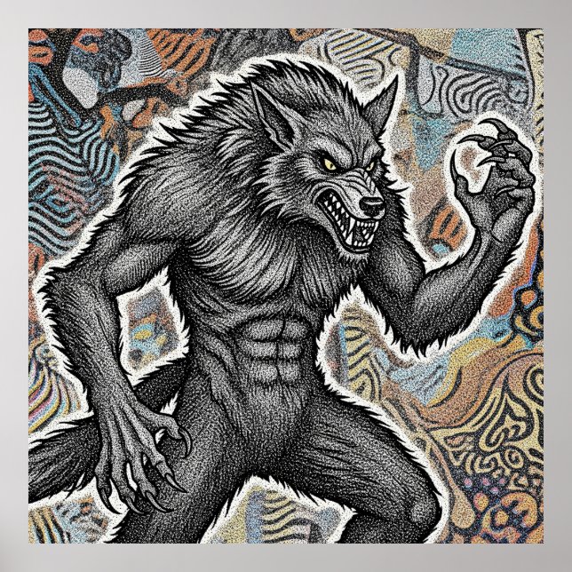Póster Vintage Werewolf Illustration Fierce Gothic Wolf (Frente)