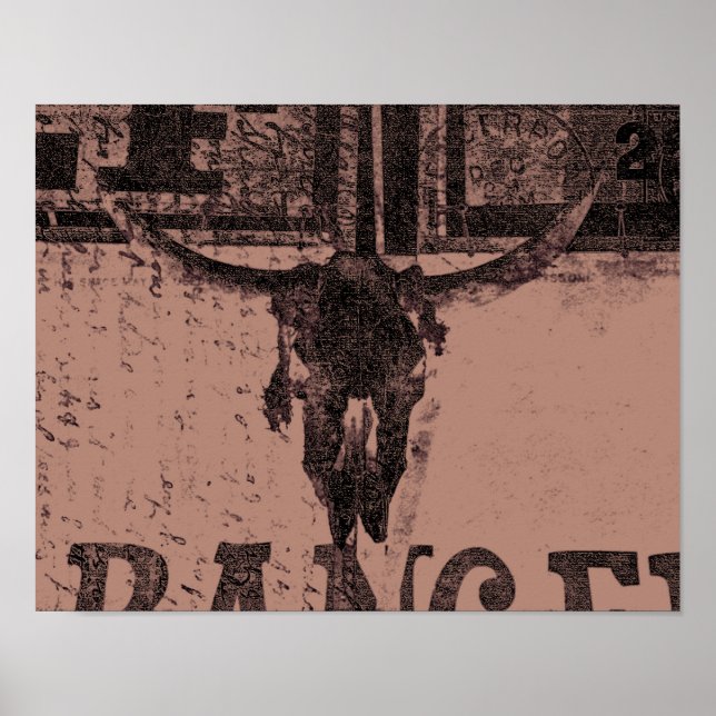 Póster Vintage Western Bull Skull Brown Old Country (Frente)