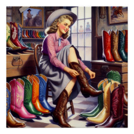 Póster Vintage Western Retro Cowgirl Boot Shopping