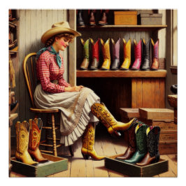 Póster Vintage Western Retro Cowgirl Boot Shopping