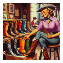 Póster Vintage Western Retro Cowgirl Boot Shopping