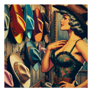 Póster Vintage Western Retro Cowgirl Comprando Para Gorra