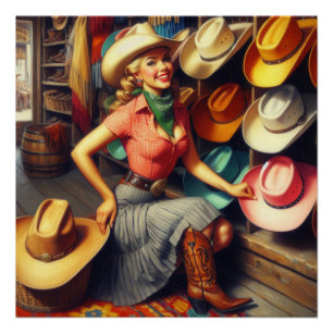 Póster Vintage Western Retro Vaquera Comprando Sombreros