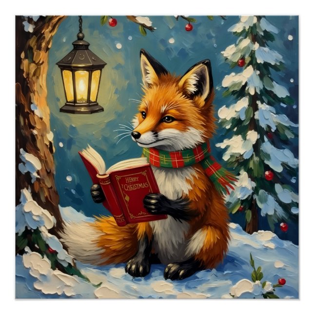 Póster Vintage Winter Fox Reading by Lantern Light (Anverso)