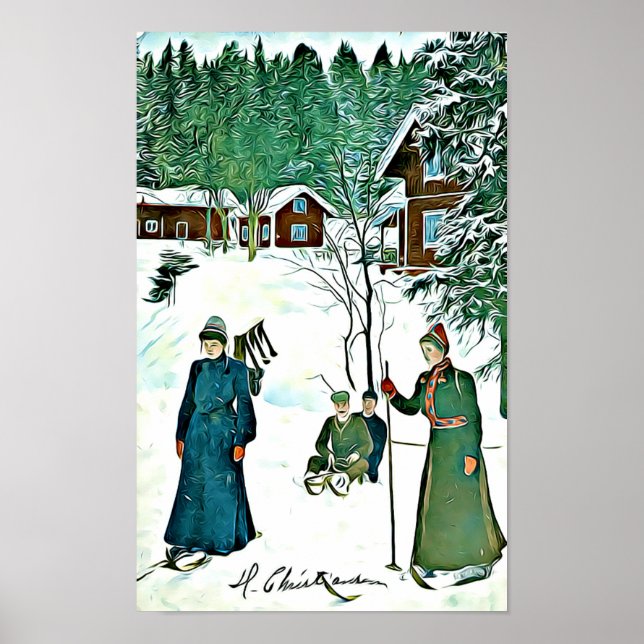 Póster Vintage Winter Scene, nevado poster de pueblo (Frente)