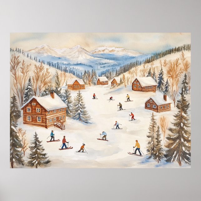 Póster Vintage Winter Skiers Scene (Frente)