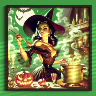 Póster Vintage Witch Halloween Pin Up