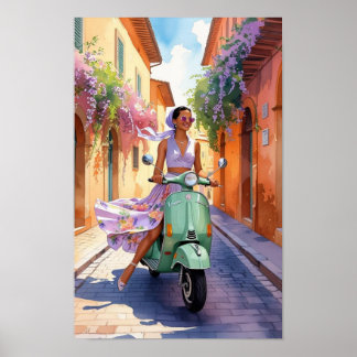 Póster Vintage Woman on Scooter en Roma - Viaje retro