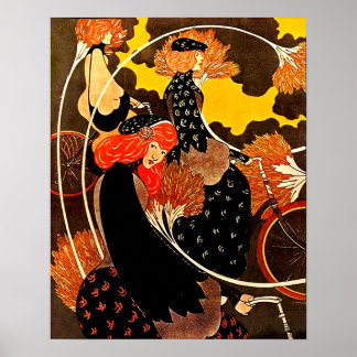 Póster Vintage Women Riding Bicyles in Autumn