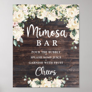 Póster Vintage wood greenery white floral mimosa bar sign