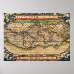 Póster Vintage World Map by Abraham Ortelius 1564