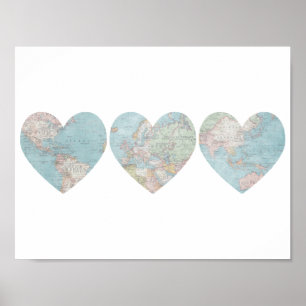 Póster Vintage World Map Hearts Poster