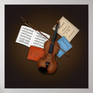 Póster Viola y Arco sobre Pila de Libros de Música Person