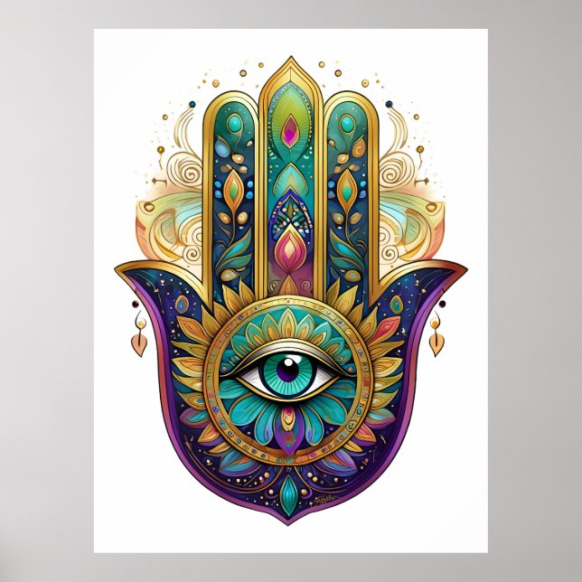 Póster Violet Green Gold Petals Hamsa Turquoise Third Eye (Frente)