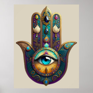 Póster Violeta dorado Teal Hamsa con Tercer Ojo Turquesa