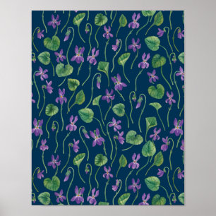 Póster Violetas acuarela sobre azul
