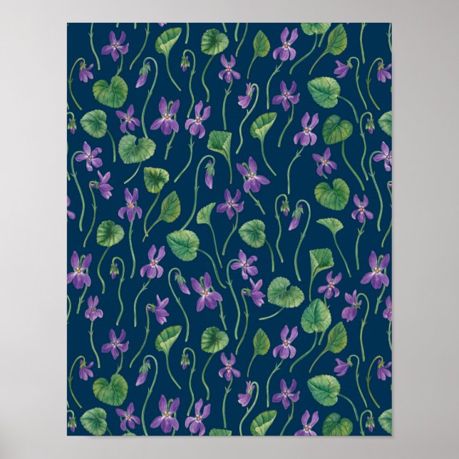 Póster Violetas acuarela sobre azul (Frente)