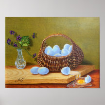 Violetas y cesta de huevos