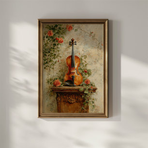 Póster Violín Antiguo con Rosas