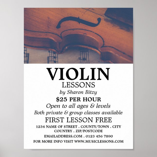 Póster Violin clásico, publicidad de lecciones de violín (Frente)