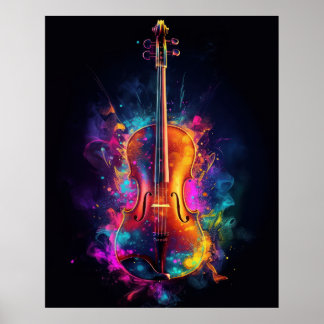 Póster Violín con colores que explotan