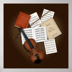 Póster Violín en una pila de partituras personalizables