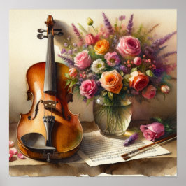 Póster Violín, música de chapa y una bolsa de flores