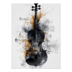 Póster Violin rodeado de notas musicales