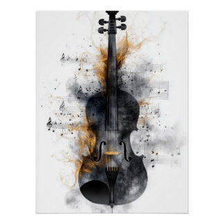 Póster Violin rodeado de notas musicales