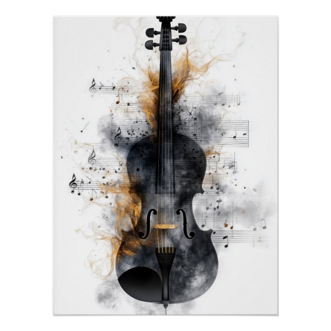 Póster Violin rodeado de notas musicales (Anverso)