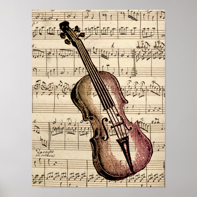 Póster Violin vintage y música de hojas (Frente)