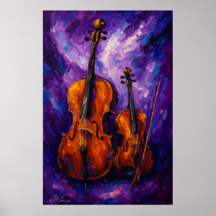 Póster Violín y violonchelo sobre fondo púrpura