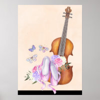 Violín, zapatos de ballet, flores y mariposas