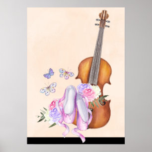 Póster Violín, zapatos de ballet, flores y mariposas