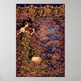 Póster Violinista Art Nouveau entre Flores – Floral Vinta