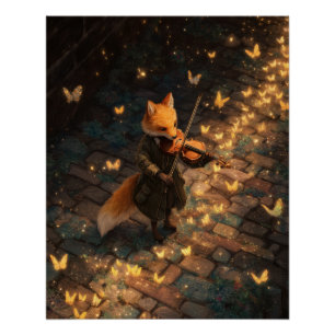 Póster Violinista Zorro Dorado con Mariposas Brillantes A