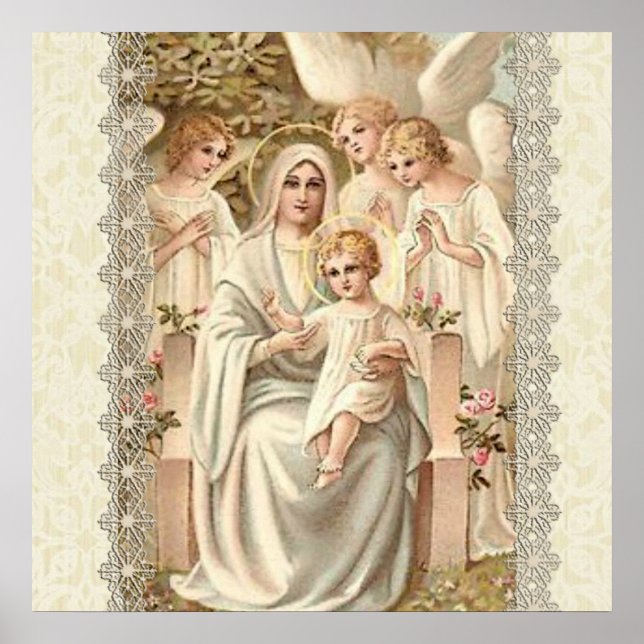 Póster Virgen Madonna Mary con niño Jesús y ángeles (Frente)