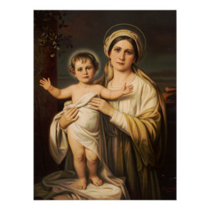 Póster Virgen María sujetando al bebé Jesús