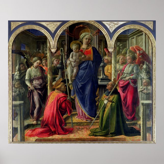 Póster Virgen y niño rodeados de ángeles (Frente)