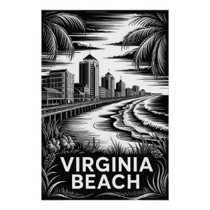 Póster Virginia Beach Virginia Negro Blanco Grabado en ma