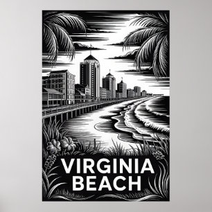 Póster Virginia Beach Virginia Negro Blanco Grabado en Ma
