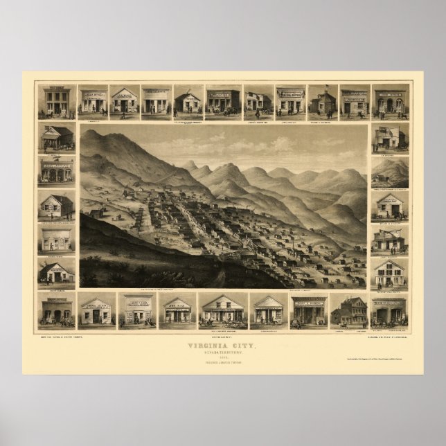 Póster Virginia City, NV Panoramic Map - 1861 (Frente)