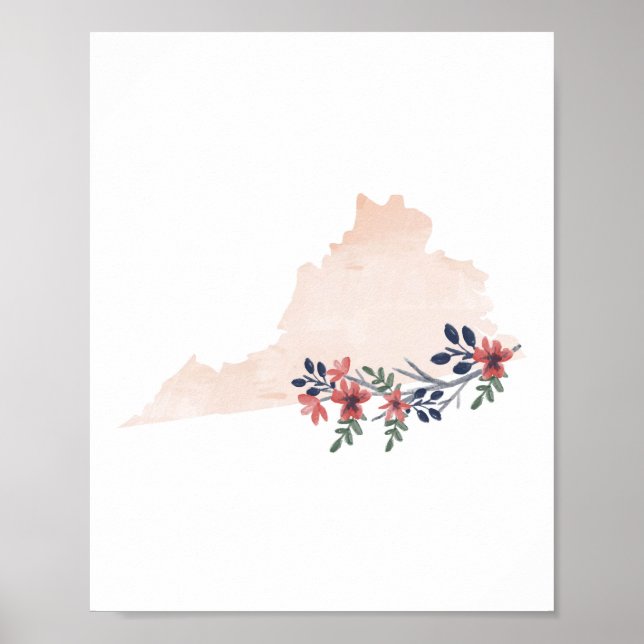 Póster Virginia Floral Watercolor State (Frente)