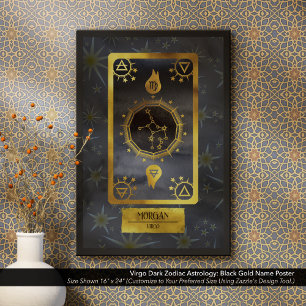 Póster Virgo Dark Zodiac Astrología: Nombre dorado negro