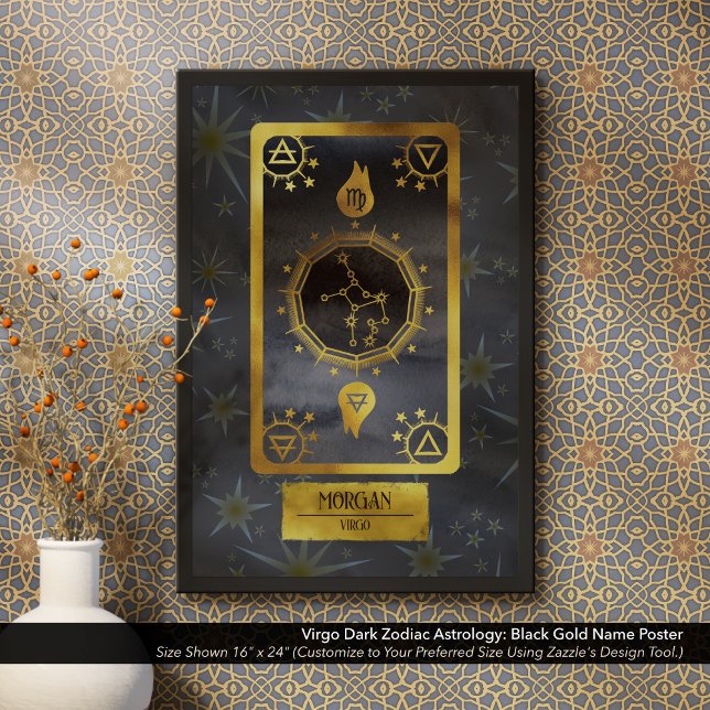 Póster Virgo Dark Zodiac Astrología: Nombre dorado negro (Dark Zodiac Poster: for the Birth Sign Virgo in Black and Gold Personalized with Your Name.)