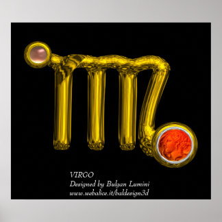 Póster VIRGO/NARANJA AGATE, ORO ZODIAC RÓTULO JEWEL, Negr