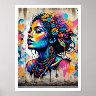 Póster Visage Flower Power d'une femme hippie 