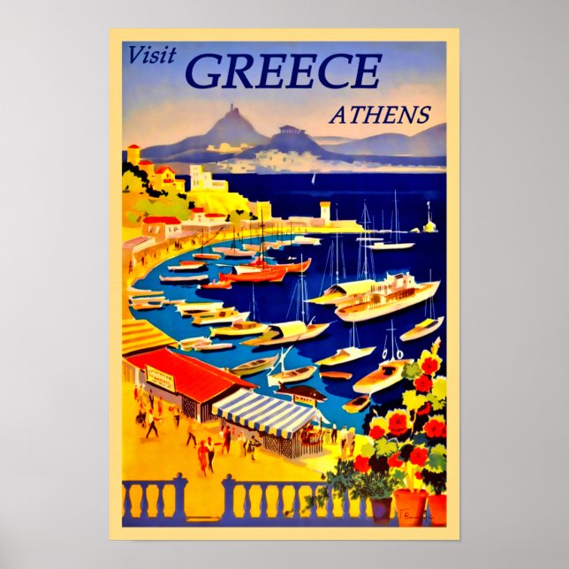Póster Visita Grecia, Atenas Vintage (Frente)
