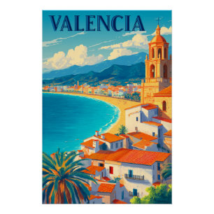 Póster Visita Valencia España   Viaje retro